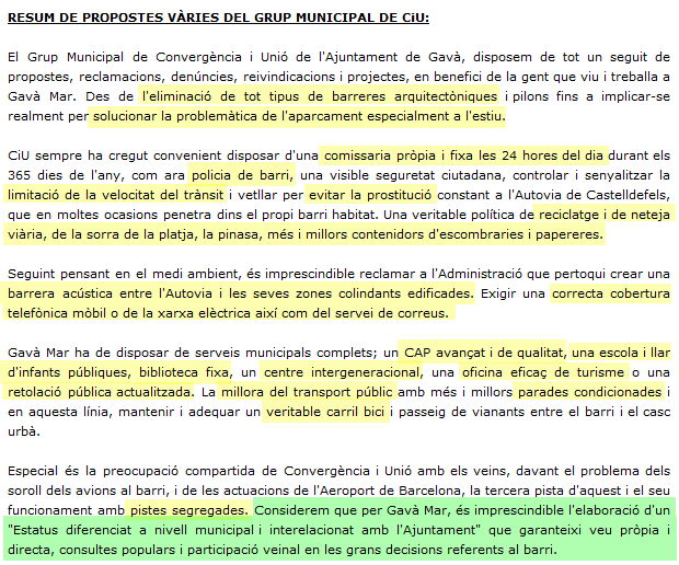 Propuestas de CiU de Gav&agrave; para Gav&agrave; Mar incluidas en su nueva web (Enero de 2008)